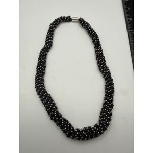 Handmade Black Silver Seed Bead Spiral Rope Necklace Magnetic Clasp 18 Inch